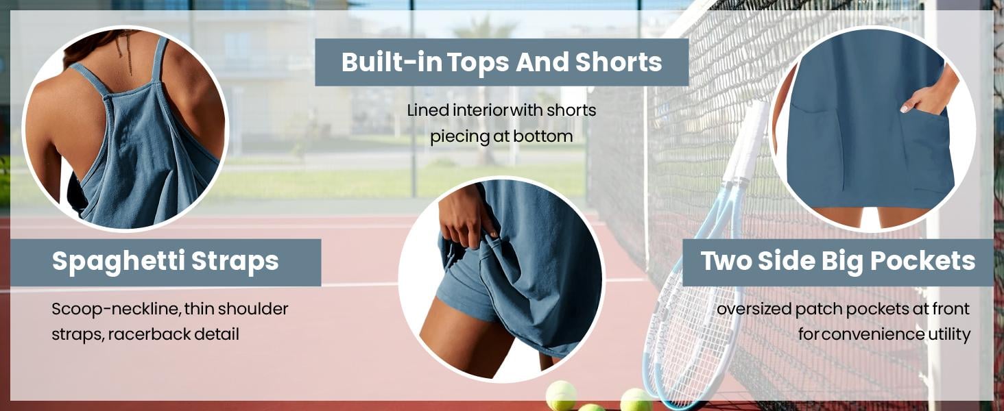 ⚡Hot Sales 49% OFF🔥 Women's Summer Sleeveless Mini Dress with Built-in Shorts V Neck Spaghetti Straps Athletic Shorts Tennis Dress with Pockets