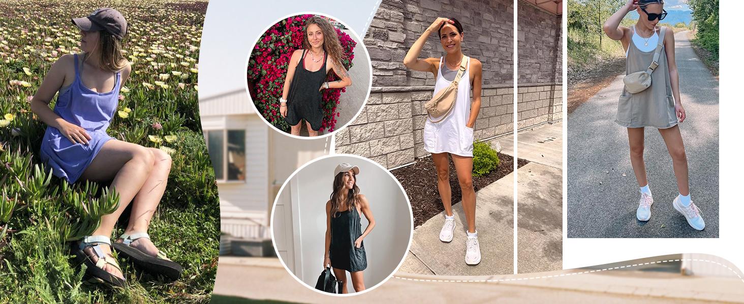 ⚡Hot Sales 49% OFF🔥 Women's Summer Sleeveless Mini Dress with Built-in Shorts V Neck Spaghetti Straps Athletic Shorts Tennis Dress with Pockets